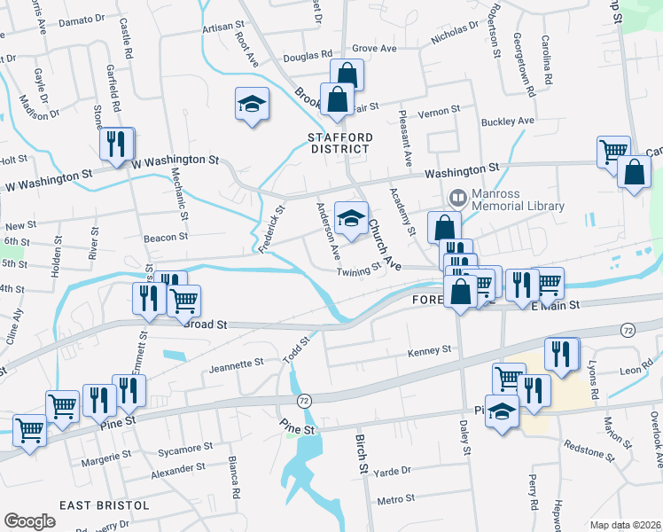 map of restaurants, bars, coffee shops, grocery stores, and more near 72 Twining Street in Bristol