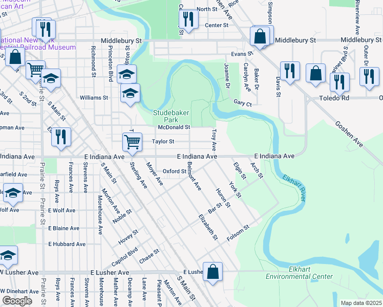 map of restaurants, bars, coffee shops, grocery stores, and more near 1000 East Indiana Avenue in Elkhart