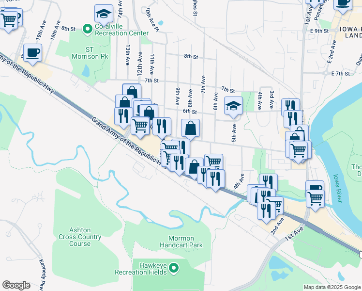 map of restaurants, bars, coffee shops, grocery stores, and more near 808 5th Street in Coralville