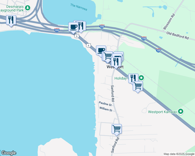 map of restaurants, bars, coffee shops, grocery stores, and more near 49 Borden Street in Westport