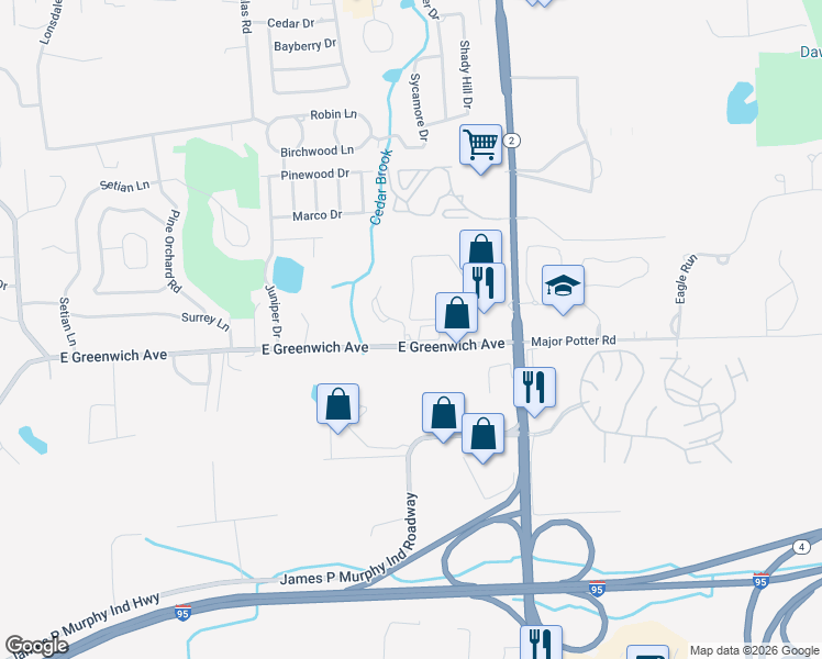 map of restaurants, bars, coffee shops, grocery stores, and more near 50 Dogwood Drive in West Warwick