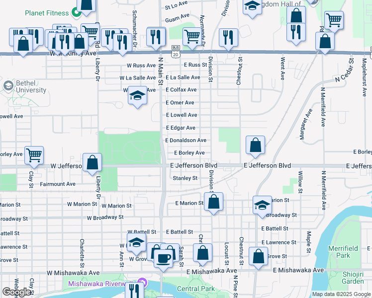 map of restaurants, bars, coffee shops, grocery stores, and more near 205 East Donaldson Avenue in Mishawaka
