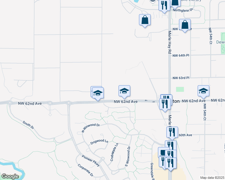 map of restaurants, bars, coffee shops, grocery stores, and more near 6501 Northwest 62nd Avenue in Johnston