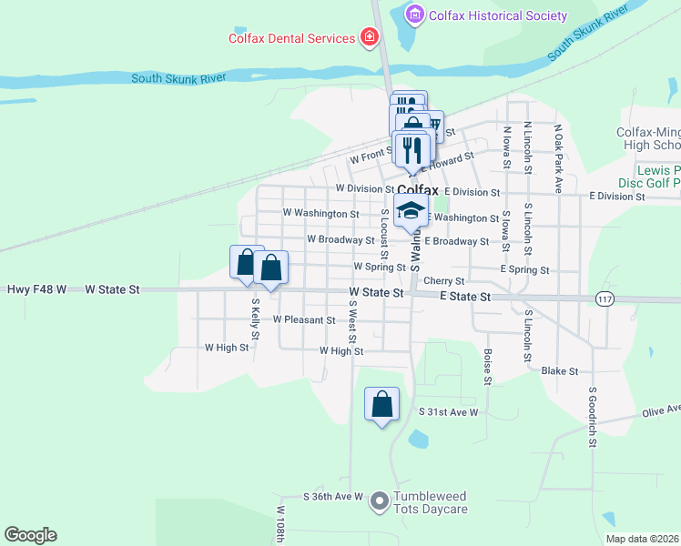 map of restaurants, bars, coffee shops, grocery stores, and more near 215 West Spring Street in Colfax