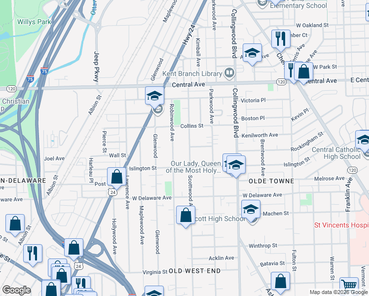 map of restaurants, bars, coffee shops, grocery stores, and more near 2708 Robinwood Avenue in Toledo