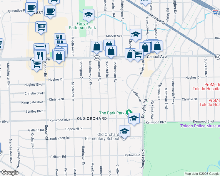 map of restaurants, bars, coffee shops, grocery stores, and more near 2814 Goddard Road in Toledo