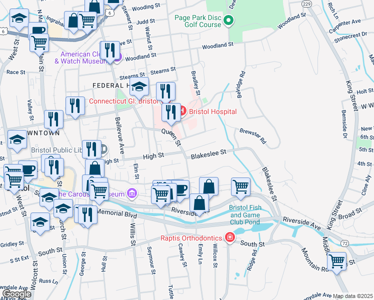map of restaurants, bars, coffee shops, grocery stores, and more near 221 High St in Bristol