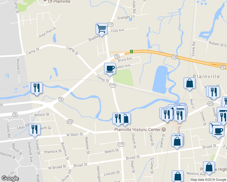 map of restaurants, bars, coffee shops, grocery stores, and more near Highway 177 in Plainville