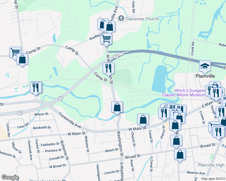 map of restaurants, bars, coffee shops, grocery stores, and more near Highway 177 in Plainville