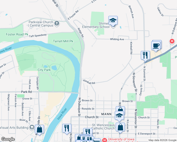 map of restaurants, bars, coffee shops, grocery stores, and more near 5 Kimball Road in Iowa City
