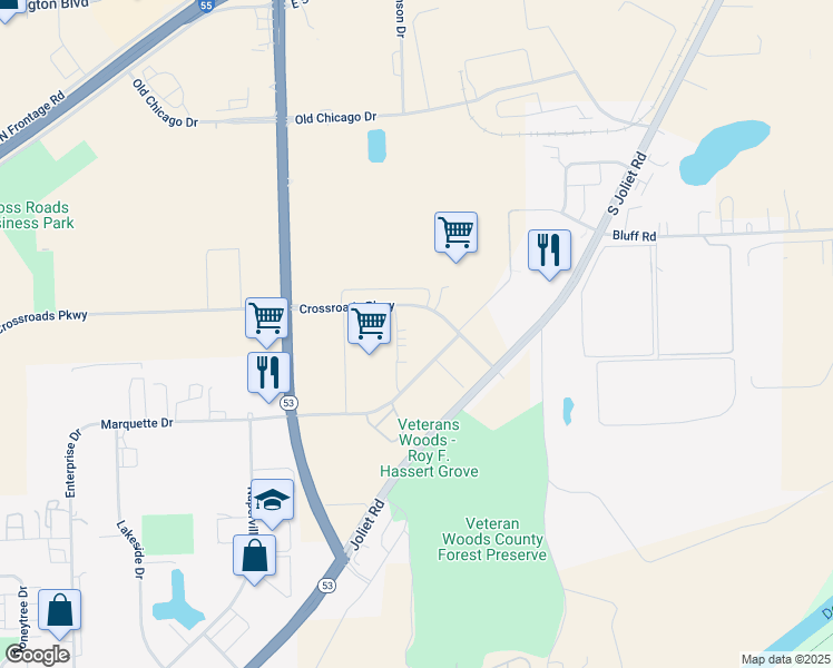 map of restaurants, bars, coffee shops, grocery stores, and more near 175 East Crossroads Parkway in Bolingbrook