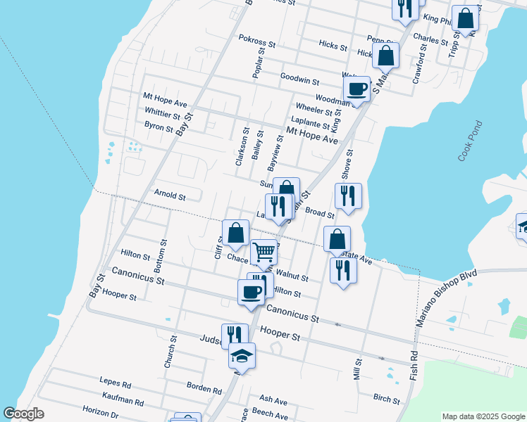 map of restaurants, bars, coffee shops, grocery stores, and more near 396 Bayview Street in Fall River