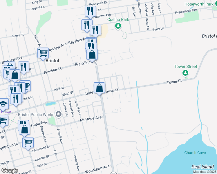 map of restaurants, bars, coffee shops, grocery stores, and more near 17 Hilltop Street in Bristol