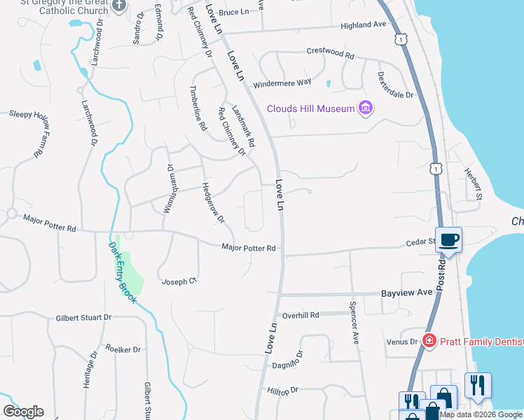 map of restaurants, bars, coffee shops, grocery stores, and more near 425 Love Lane in Warwick