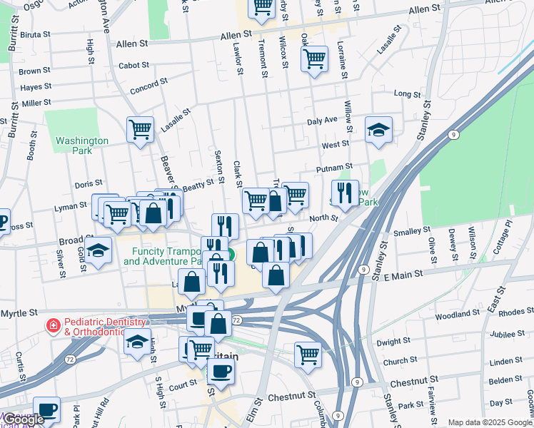 map of restaurants, bars, coffee shops, grocery stores, and more near 19 Lawlor Street in New Britain