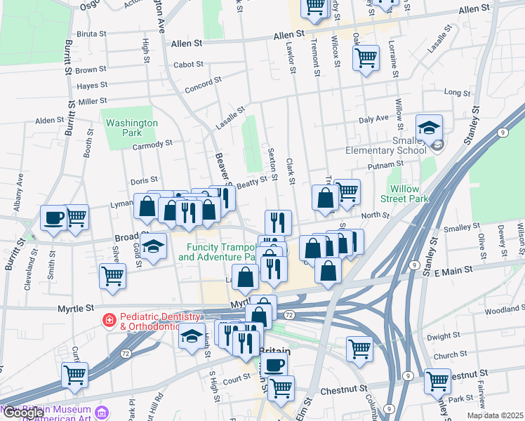 map of restaurants, bars, coffee shops, grocery stores, and more near 25 Gilbert Street in New Britain