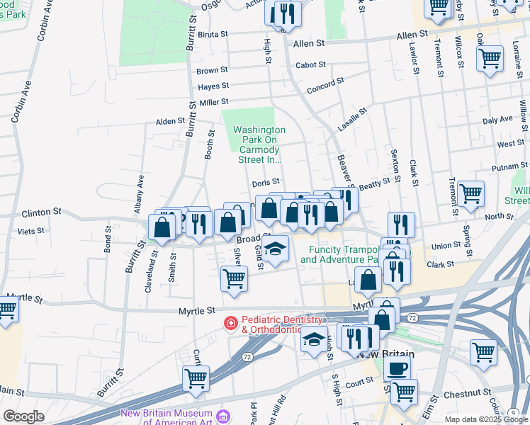 map of restaurants, bars, coffee shops, grocery stores, and more near 48 Horace Street in New Britain