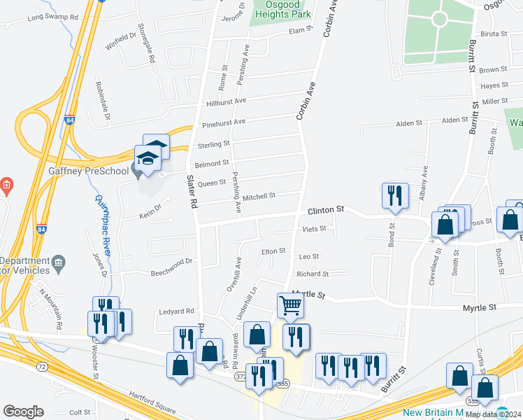 map of restaurants, bars, coffee shops, grocery stores, and more near 76 Mitchell Street in New Britain