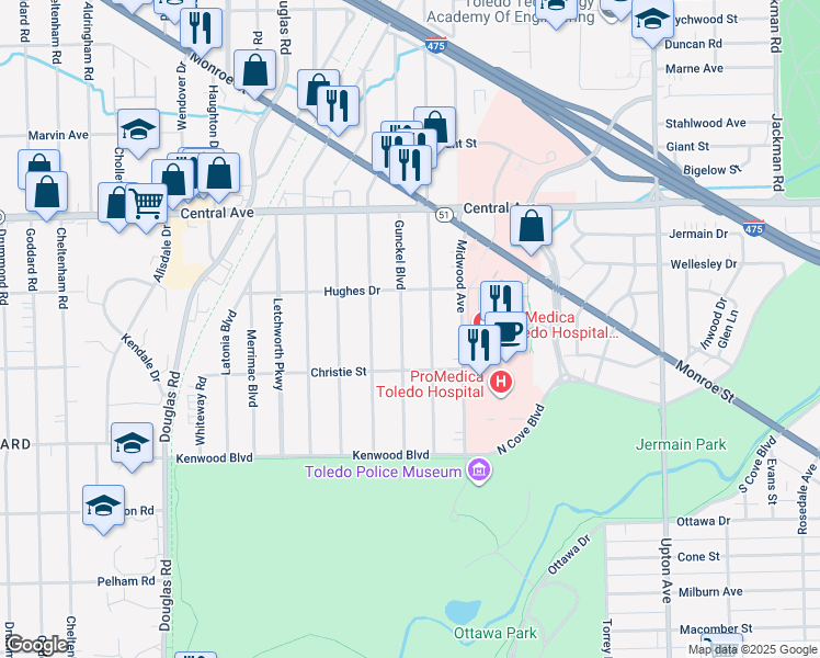 map of restaurants, bars, coffee shops, grocery stores, and more near 2815 Gunckel Boulevard in Toledo