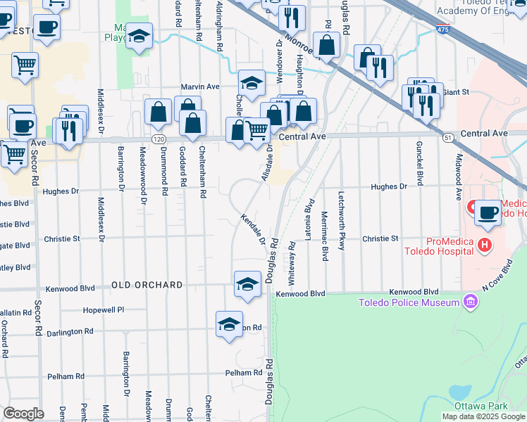 map of restaurants, bars, coffee shops, grocery stores, and more near 2939 Douglas Road in Toledo