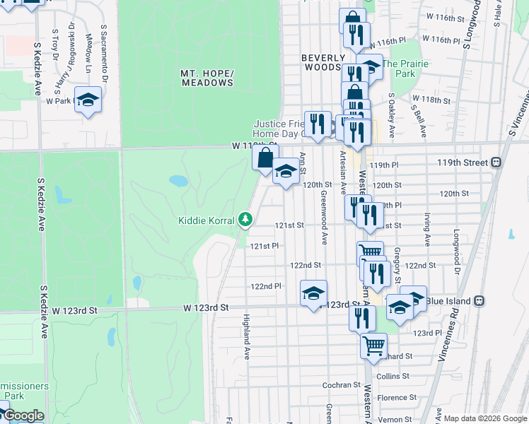 map of restaurants, bars, coffee shops, grocery stores, and more near 12026 Elm Drive in Blue Island