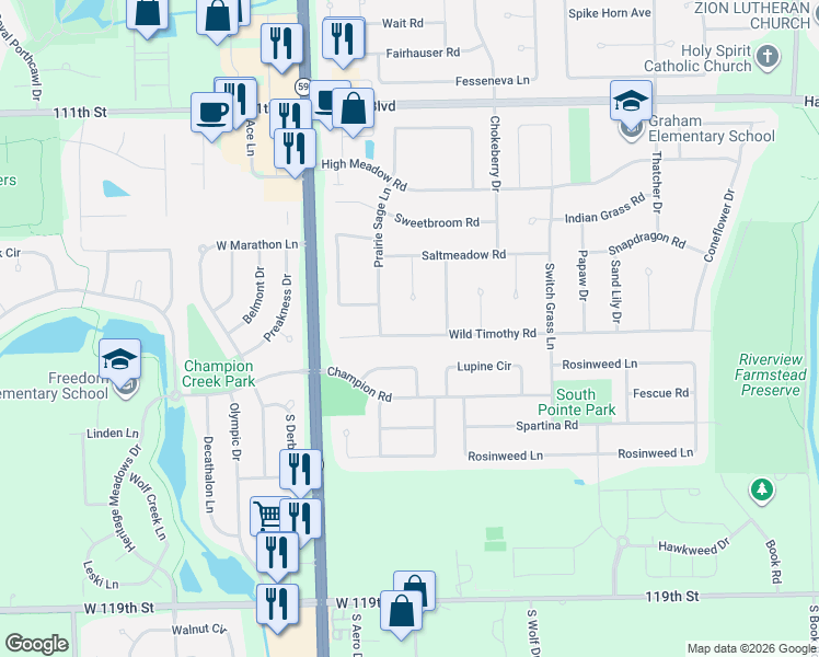 map of restaurants, bars, coffee shops, grocery stores, and more near 2635 Wild Timothy Road in Naperville