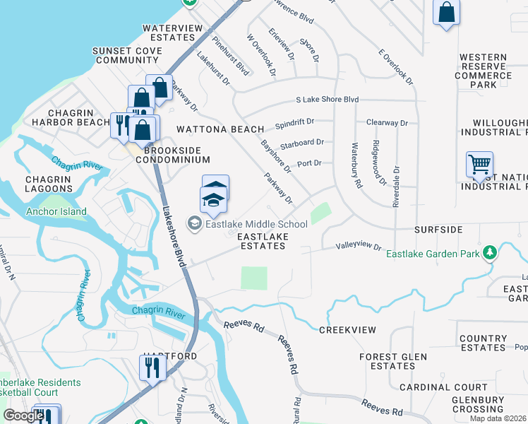 map of restaurants, bars, coffee shops, grocery stores, and more near 334 Salient Place in Eastlake