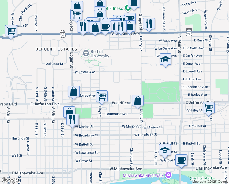 map of restaurants, bars, coffee shops, grocery stores, and more near 600 West Jefferson Boulevard in Mishawaka