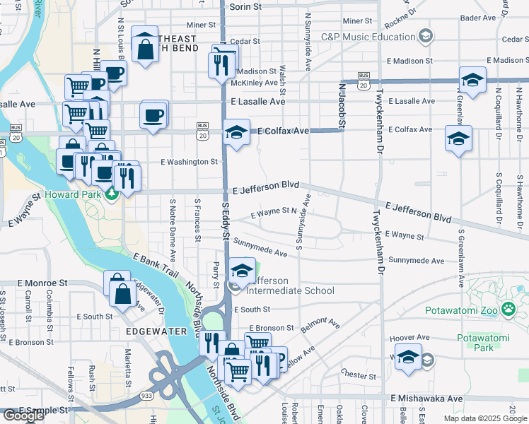 map of restaurants, bars, coffee shops, grocery stores, and more near 1199 East Wayne Street North in South Bend