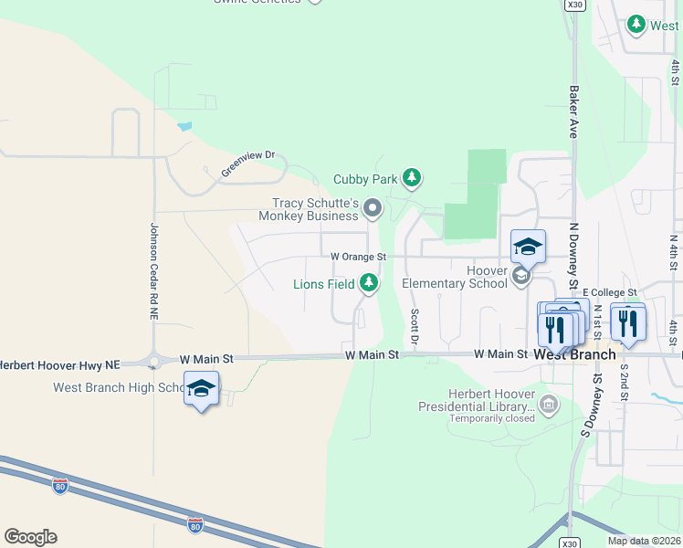 map of restaurants, bars, coffee shops, grocery stores, and more near 186 Hilltop Drive in West Branch