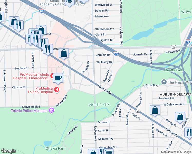 map of restaurants, bars, coffee shops, grocery stores, and more near 2726 Upton Avenue in Toledo