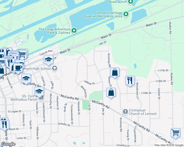 map of restaurants, bars, coffee shops, grocery stores, and more near 431 Wheeler Drive in Lemont