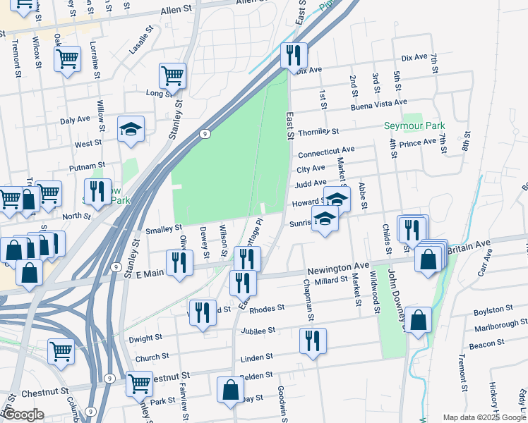 map of restaurants, bars, coffee shops, grocery stores, and more near 240 Smalley Street in New Britain