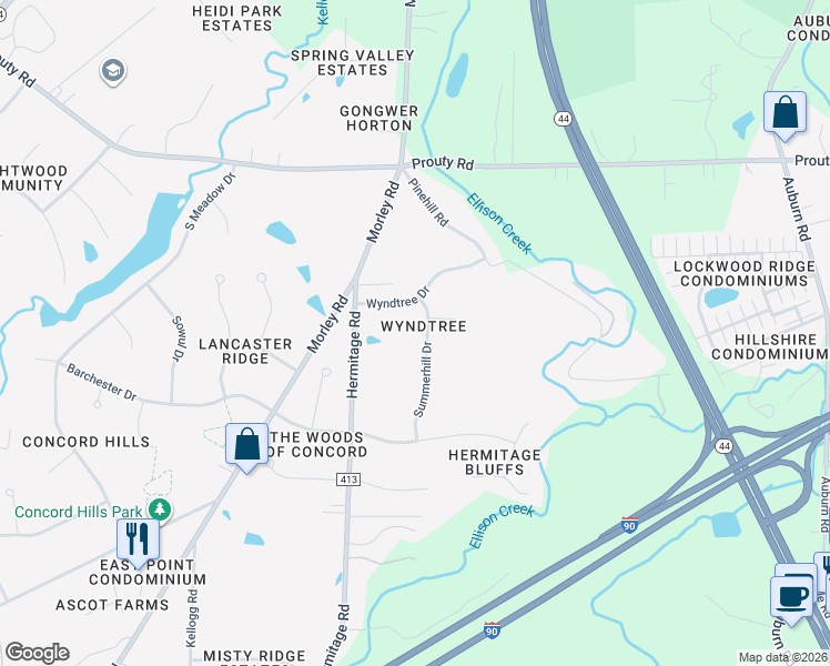 map of restaurants, bars, coffee shops, grocery stores, and more near 7190 Summerhill Drive in Painesville