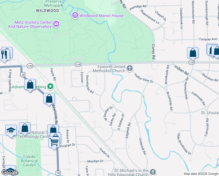 map of restaurants, bars, coffee shops, grocery stores, and more near 2931 Riva Ridge Road in Toledo