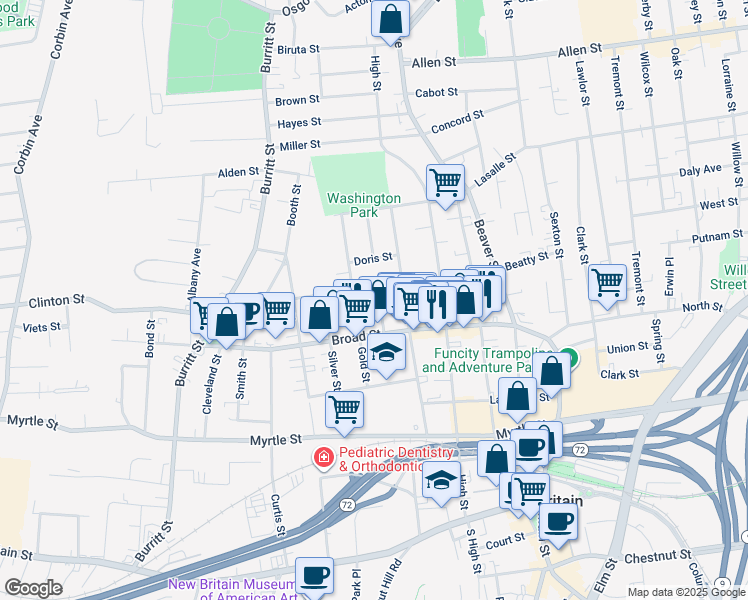 map of restaurants, bars, coffee shops, grocery stores, and more near 40 Horace Street in New Britain