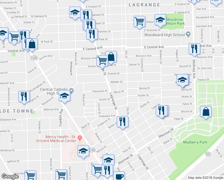 map of restaurants, bars, coffee shops, grocery stores, and more near 2732 Lagrange Street in Toledo