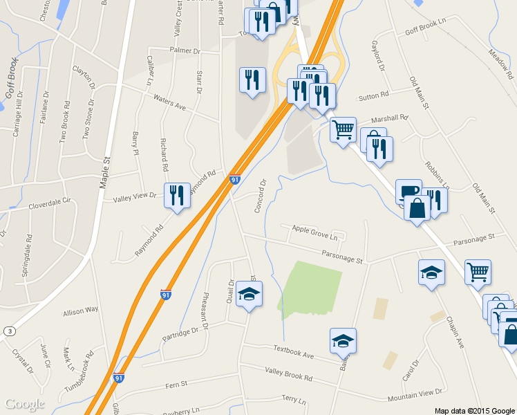 map of restaurants, bars, coffee shops, grocery stores, and more near 74 Concord Drive in Rocky Hill