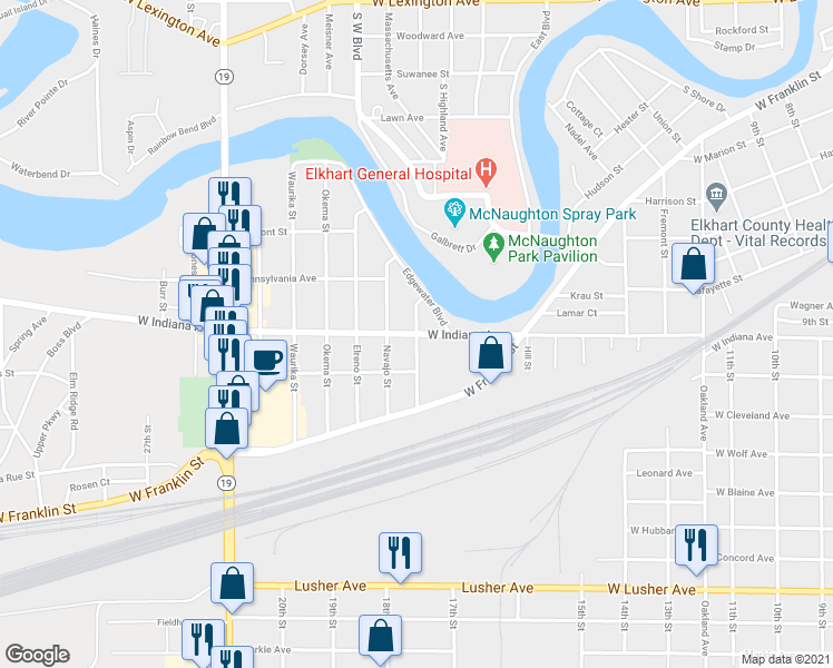 map of restaurants, bars, coffee shops, grocery stores, and more near 1798 West Indiana Avenue in Elkhart