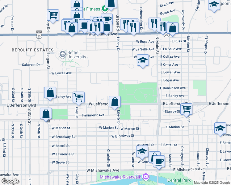 map of restaurants, bars, coffee shops, grocery stores, and more near 1501 Liberty Drive in Mishawaka
