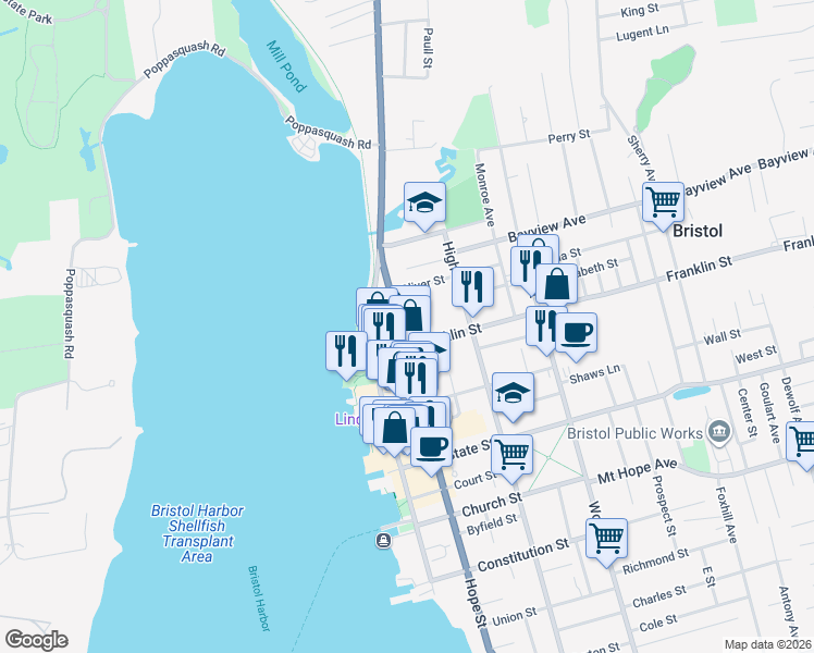 map of restaurants, bars, coffee shops, grocery stores, and more near 37 Franklin Street in Bristol