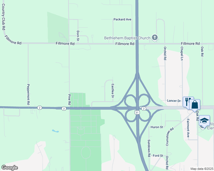 map of restaurants, bars, coffee shops, grocery stores, and more near 24731-24799 Northlea Drive in South Bend