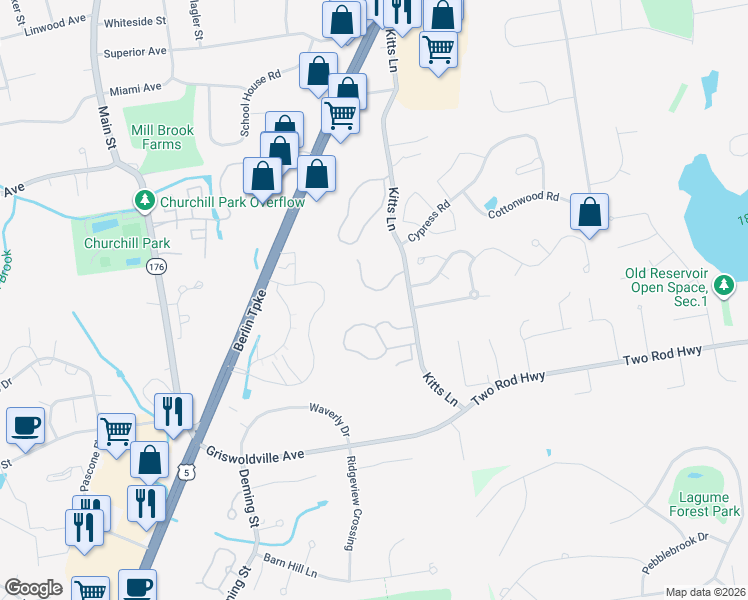 map of restaurants, bars, coffee shops, grocery stores, and more near 31 Woodsedge Drive in Newington