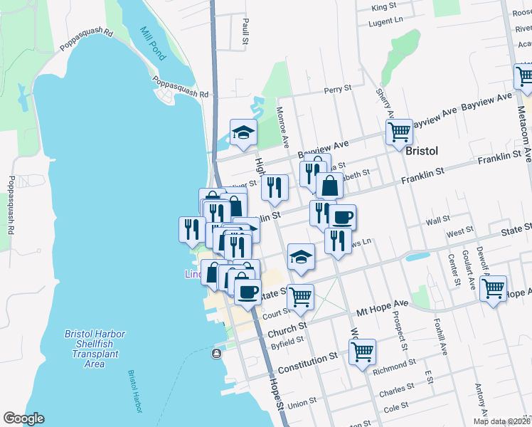 map of restaurants, bars, coffee shops, grocery stores, and more near 69 Franklin Street in Bristol
