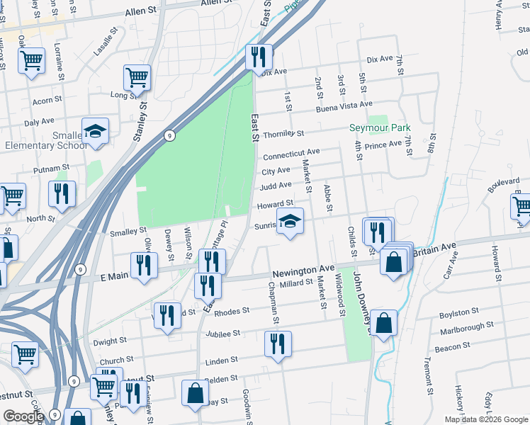 map of restaurants, bars, coffee shops, grocery stores, and more near 799 East Street in New Britain