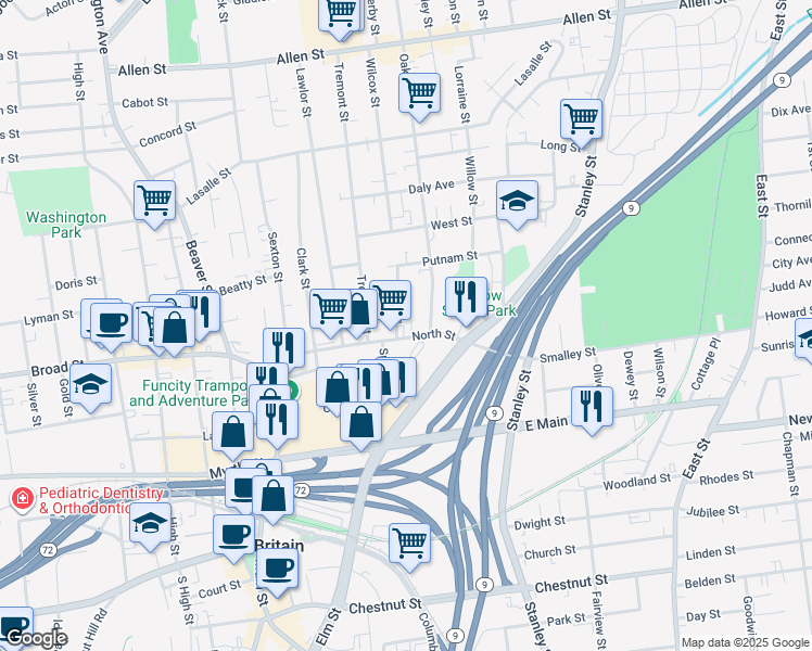 map of restaurants, bars, coffee shops, grocery stores, and more near 22 Oak Street in New Britain