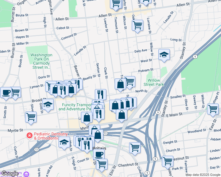 map of restaurants, bars, coffee shops, grocery stores, and more near 100 Clark Street in New Britain