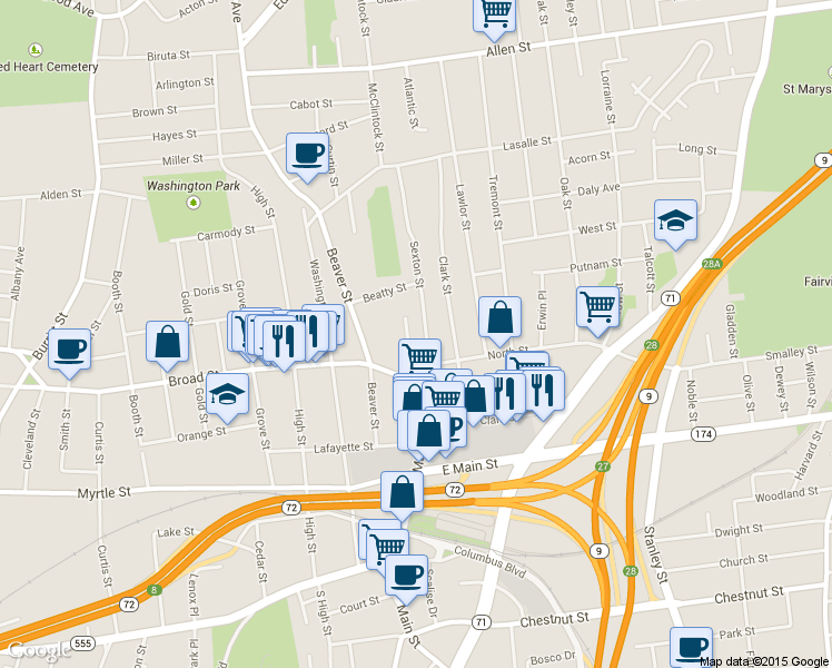 map of restaurants, bars, coffee shops, grocery stores, and more near 25 Gilbert Street in New Britain
