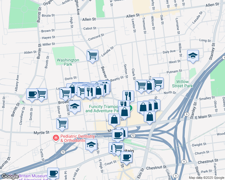 map of restaurants, bars, coffee shops, grocery stores, and more near 113 Beaver Street in New Britain