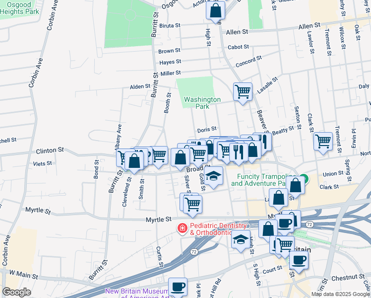 map of restaurants, bars, coffee shops, grocery stores, and more near 71 Lyman Street in New Britain